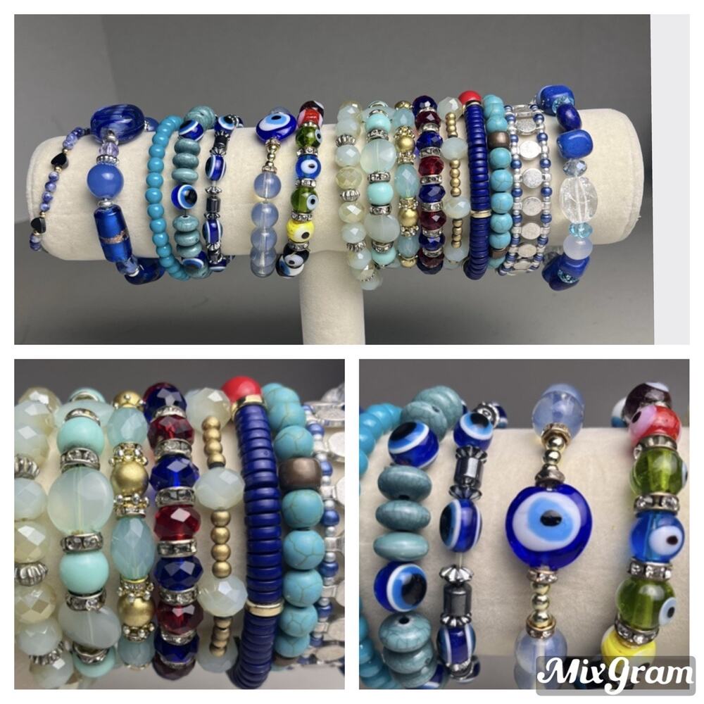 Evil Eye Glass Bead Stretch Bracelet Lot of 13 Blue Stackable Charm Set Boho